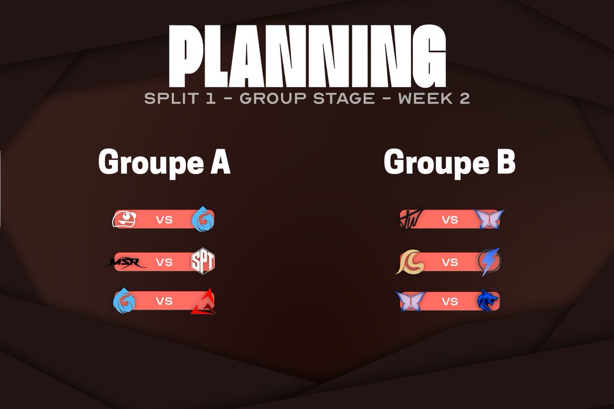 🗓️Group Stage Week 2 Split 1 - Planning🗓️

Cette 2ème semaine ressemblera au planning ci-joint.

Au programme, double match pour Nafe et EVOLVERS ! Trautware et Darkgames, au repos avec 1 seul match.