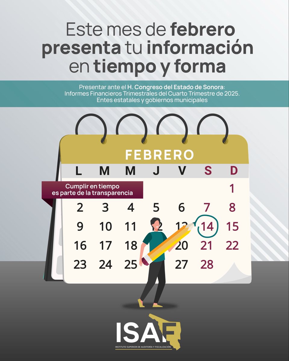 📌 Recordatorio para entes estatales y gobiernos municipales.
Próximo 14 de febrero: entrega de los Informes Financieros Trimestrales del cuarto trimestre de 2025.
.
#ISAFCiudadano