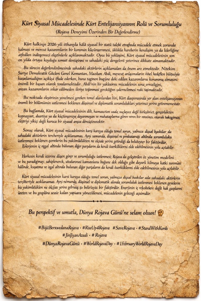 ajneauvoir's tweet photo. Kürt Siyasal Mücadelesinde Kürt Entelijansiyasının Rolü ve Sorumluluğu
(Rojava Deneyimi Üzerinden Bir Değerlendirme)

#BijîBerxwedanaRojava
#RiseUp4Rojava
#SaveRojava
#StandWithKurds
#JinJiyanAzadi
#Rojava

#DünyaRojavaGünü
#WorldRojavaDay
#1FebruaryWorldRojavaDay https://t.co/mndKNfAeKC