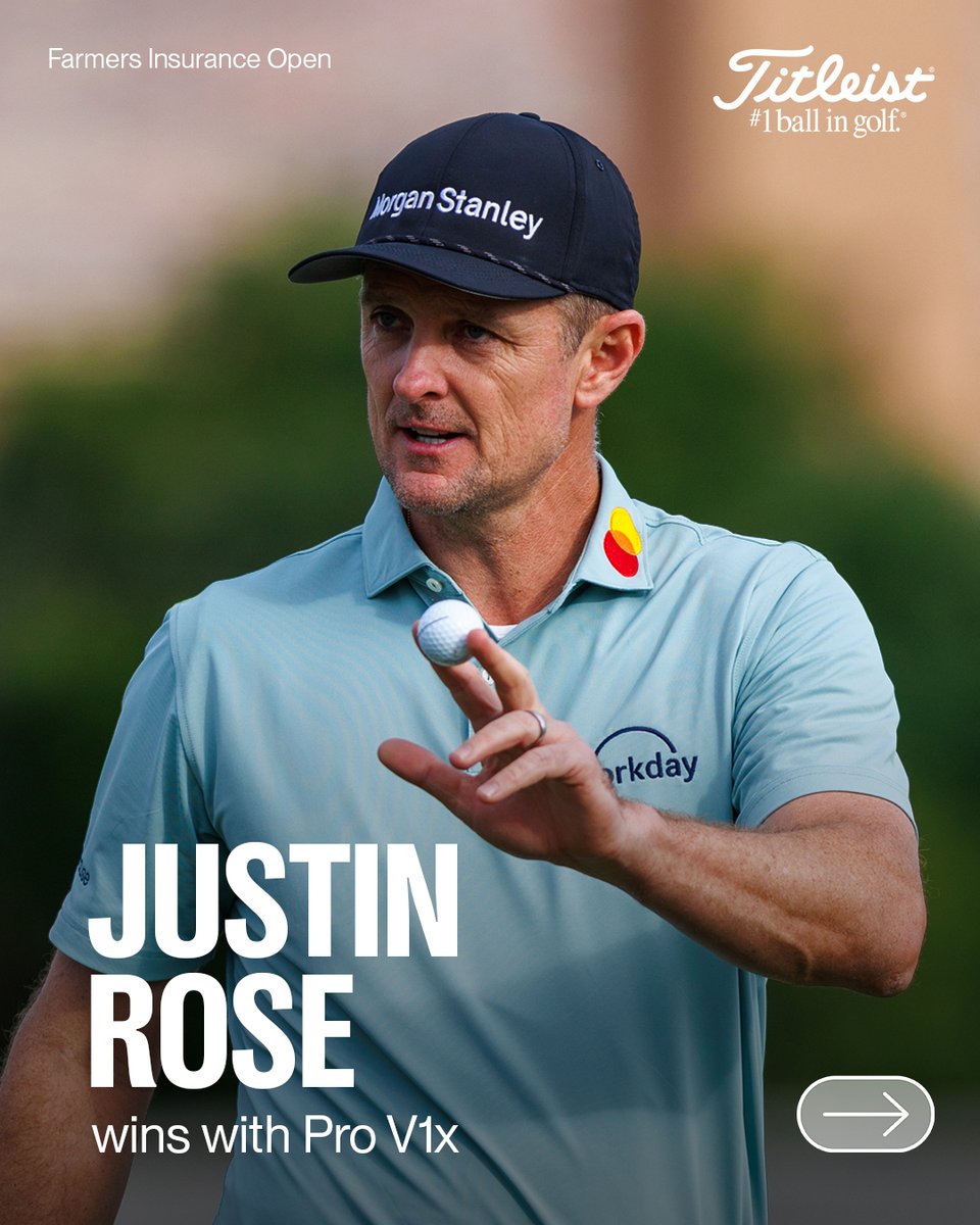 Titleist's tweet image. In complete command of his #ProV1x, @JustinRose99 goes wire-to-wire at Torrey Pines to win by SEVEN.

He hit more greens in regulation (82%) and made more birdies (26) than any player at the @FarmersInsOpen. 👌

#1ballingolf