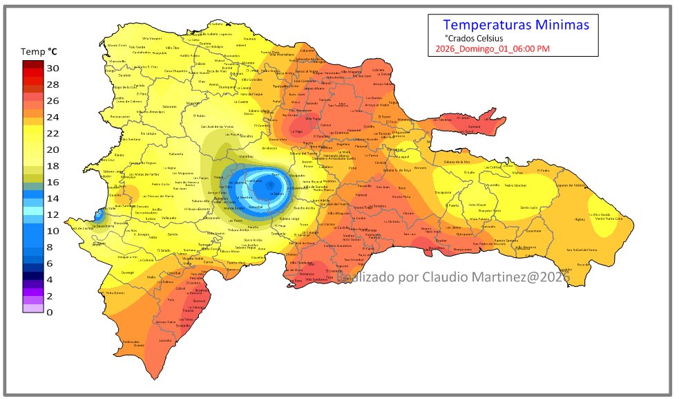 Mapa de temperaturas de la 6:00pm
Comienza a descender las temperaturas en el centro del país