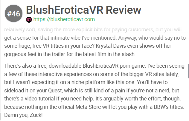 BEVR_io's tweet photo. Thank you to @_PornDude for his thorough review of Blush Erotica VR! Check out the full review at https://t.co/U0zT2bU8Pa
We really do have a VR game that we created on the site (see below)! Check it out!
@BlushEroticaVR https://t.co/lR5UGF7qy1
