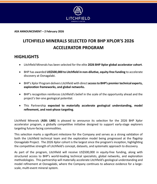 🚀 Litchfield Minerals (ASX: $LMS) selected for the 2026 BHP Xplor global accelerator program.
✔️ US$500k non-dilutive funding
✔️ Access to BHP’s technical experts &amp; exploration frameworks
✔️ Accelerates discovery at Oonagalabi

📌Read it here: api.investi.com.au/api/announceme…

#ASX