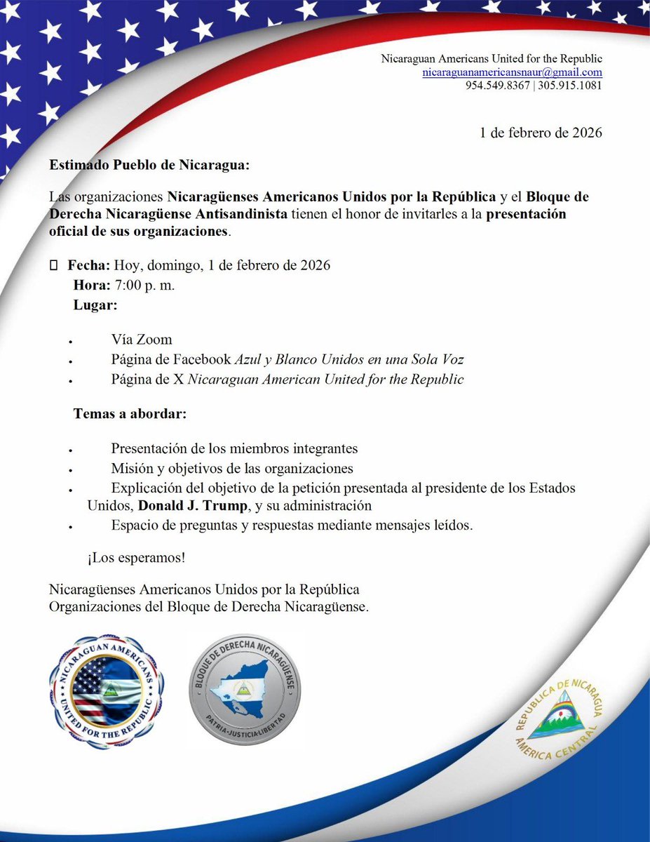 🚨🎥| ¡No te pierdas la presentación!
Hoy, domingo, 1 de febrero a las 7:00 PM. #Nicaragua #Nicaraguenses #UnidosPorLaRepublica 🇳🇮🇺🇸