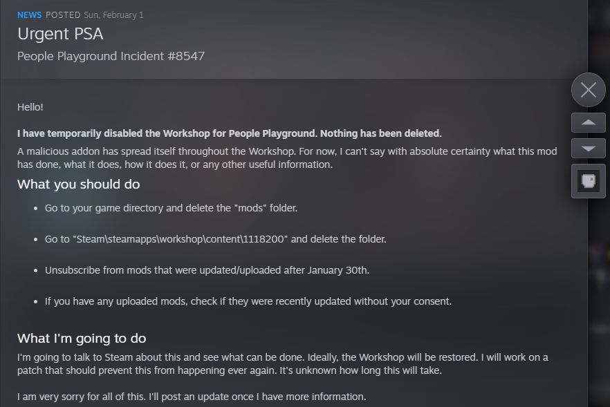 djb102711's tweet photo. GUYS!!!! A malicious addon on People Playground on Steam has spread through the workshop. Uninstall all your addons and follow the instructions. https://t.co/ogG7JlA0mB