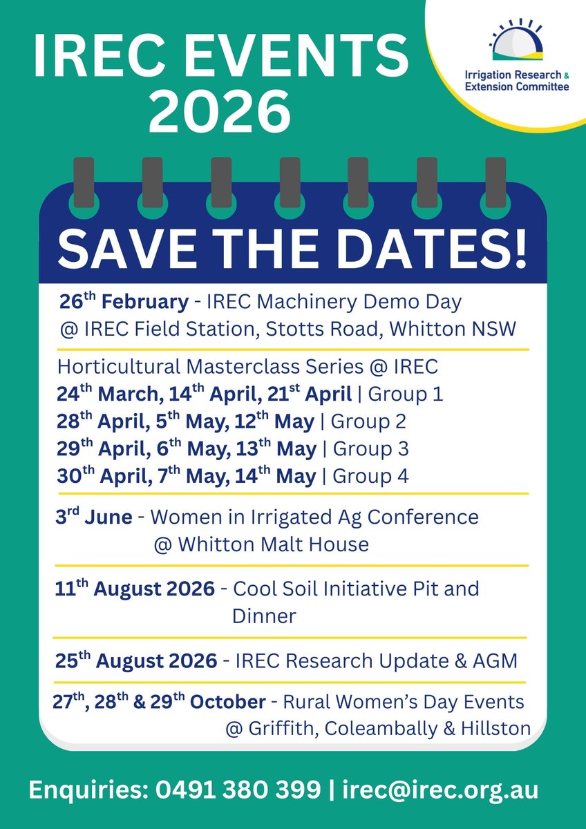 IRECNSW's tweet photo. Where did January go? Just like that and it's February already!
We've got quite a few events lined up for 2026 that we want to share with you! Lock in the dates in your calendar! π
#IREC #IrrigationResearchExtensionCommittee #IrrigatedAg #GriffithNSW #IRECEvents https://t.co/Yx8MtO25aO