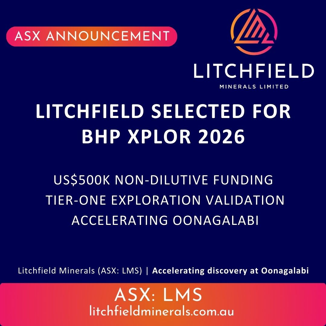 📢Litchfield Minerals Selected for $BHP Xplor 2026

$LMS has been chosen for the elite 2026 BHP Xplor global accelerator program, securing US$500,000 in non-dilutive funding and access to BHP’s world-class technical expertise to accelerate exploration at Oonagalabi.

✔️Validating