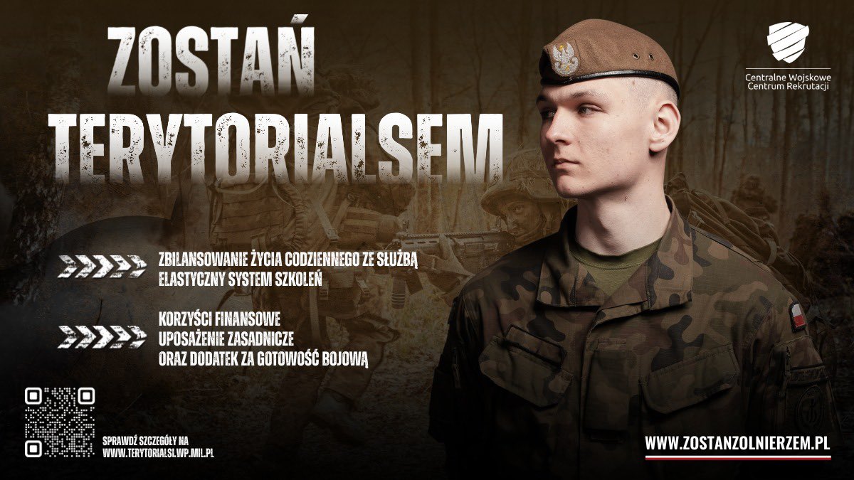 🗣ZOSTAŃ TERYTORIALSEM

Wstąpienie do WOT pozwala na służbę w Wojsku Polskim bez rezygnacji z pracy zawodowej.

Zdobędziesz nowe umiejętności, poprawisz kondycję fizyczną, poznasz nowych ludzi! 🔥

Nie zwlekaj!
Złóż wniosek w dowolnym Wojskowym Centrum Rekrutacji.