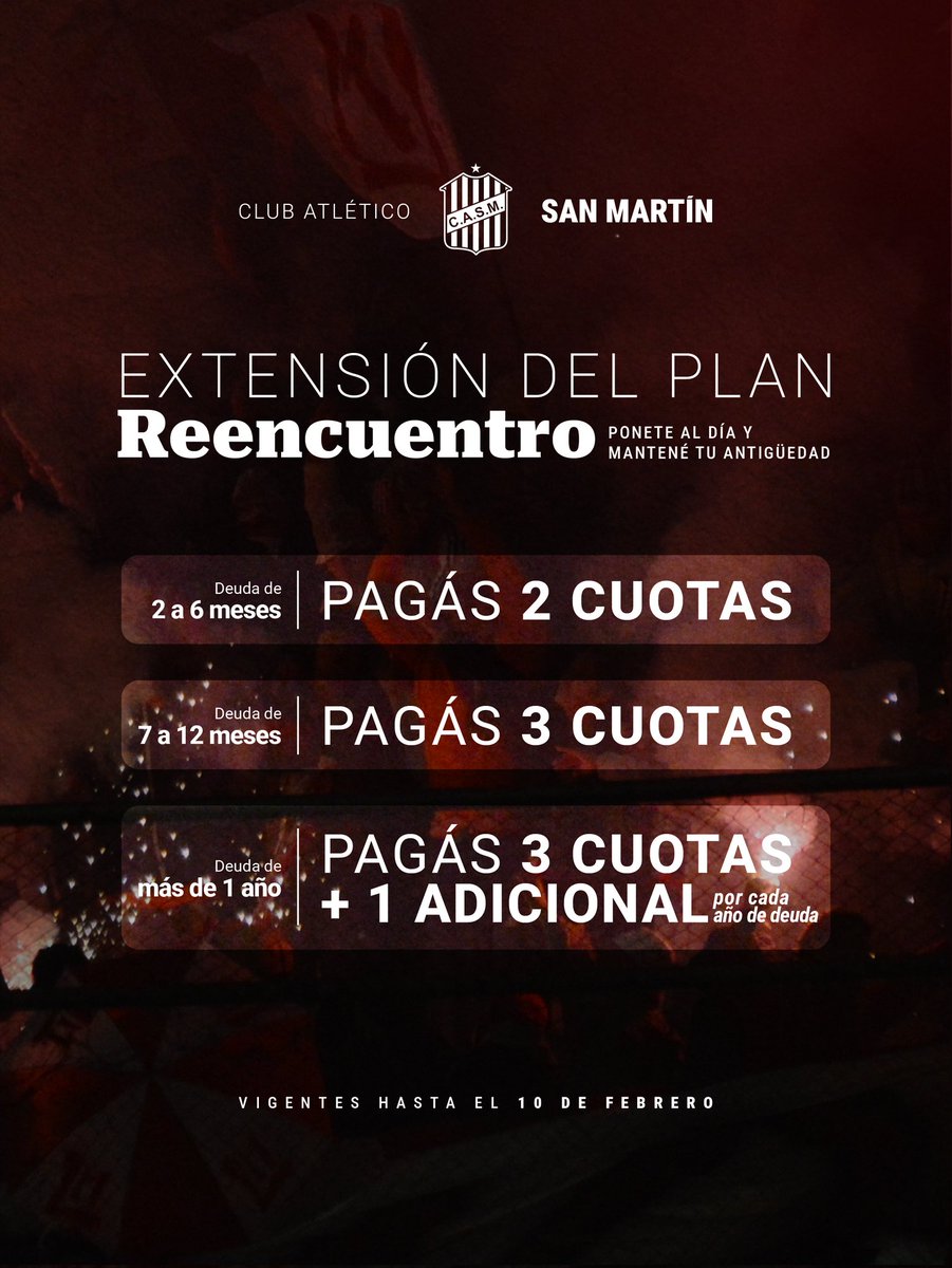🔴⚪️ #PrimeraNacional

¡ATENCIÓN CIRUJAS! 🇦🇹

En respuesta a la gran cantidad de pedidos de nuestros socios e hinchas, el Club A. San Martín informa que los precios promocionales de los abonos para Tribuna Popular, Pellegrini y el Plan Reencuentro se mantendrán vigentes, de forma