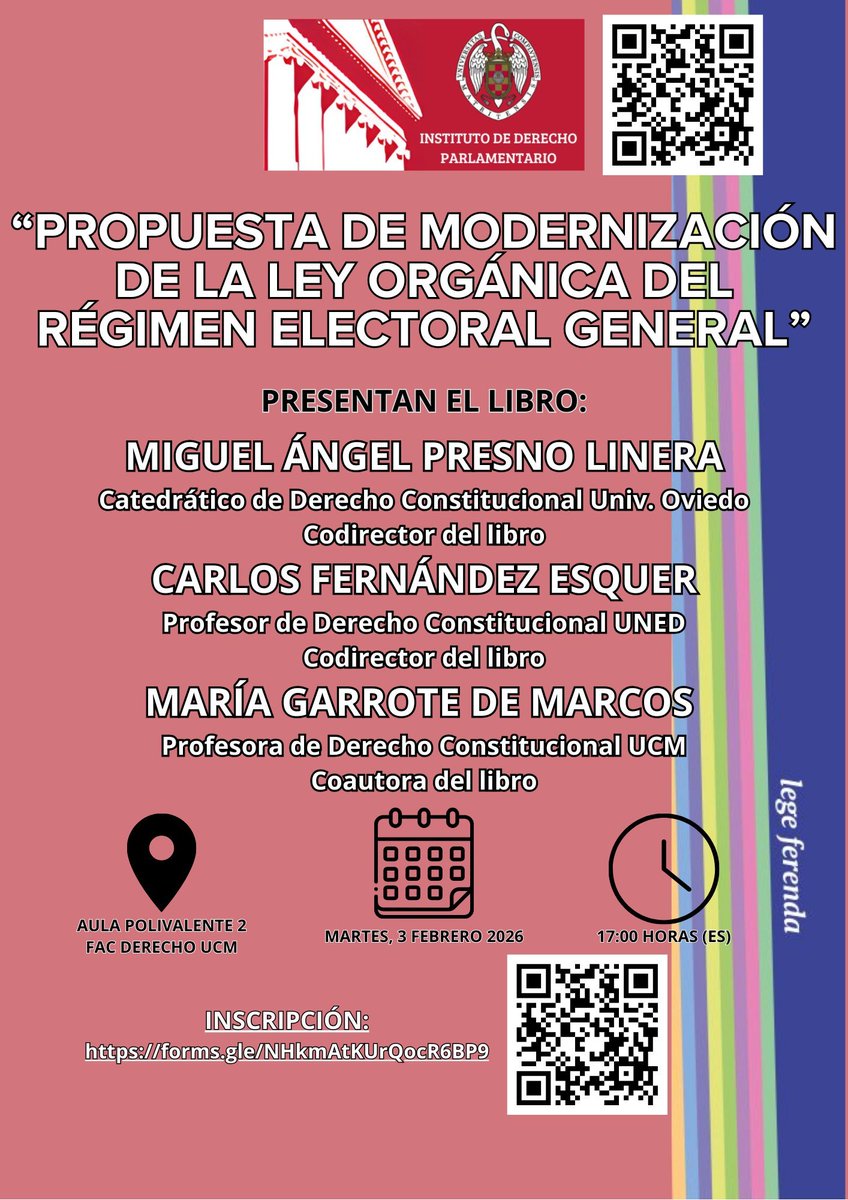 El próximo martes 3 de febrero, a las 17h, <a href="/PresnoLinera/">Miguel Presno Linera</a>, María Garrote y yo estaremos en la <a href="/ucm_derecho/">Facultad Derecho UCM</a>, presentando un libro sobre propuestas para modernizar la LOREG. Gracias al <a href="/IDP_UCM/">Instituto de Derecho Parlamentario (UCM)</a> por la organización. 

¡Os esperamos para debatir sobre cómo actualizar la ley electoral!