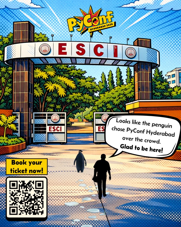 pyconfhyd's tweet photo. 🐧 You know what the penguin chose over everything else?

It headed straight to #PyConfHyd2026

Still thinking about attending PyConf Hyderabad? Don’t wait, tickets are melting faster than a glacier⏳

🎟️ Hurry up &amp; book your ticket now: https://t.co/8CZrePtKva https://t.co/BTYdhWJNXj