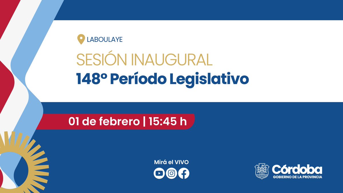 #Ahora | En #Laboulaye, el gobernador <a href="/MartinLlaryora/">Martín Llaryora</a>  dará inicio al 148° Período Legislativo de la provincia de #Córdoba.

🔴 Seguilo en vivo en nuestras redes sociales y por el canal oficial de YouTube.

➡ youtube.com/watch?v=iV5PDL…
➡ bit.ly/GobFacebook 
➡