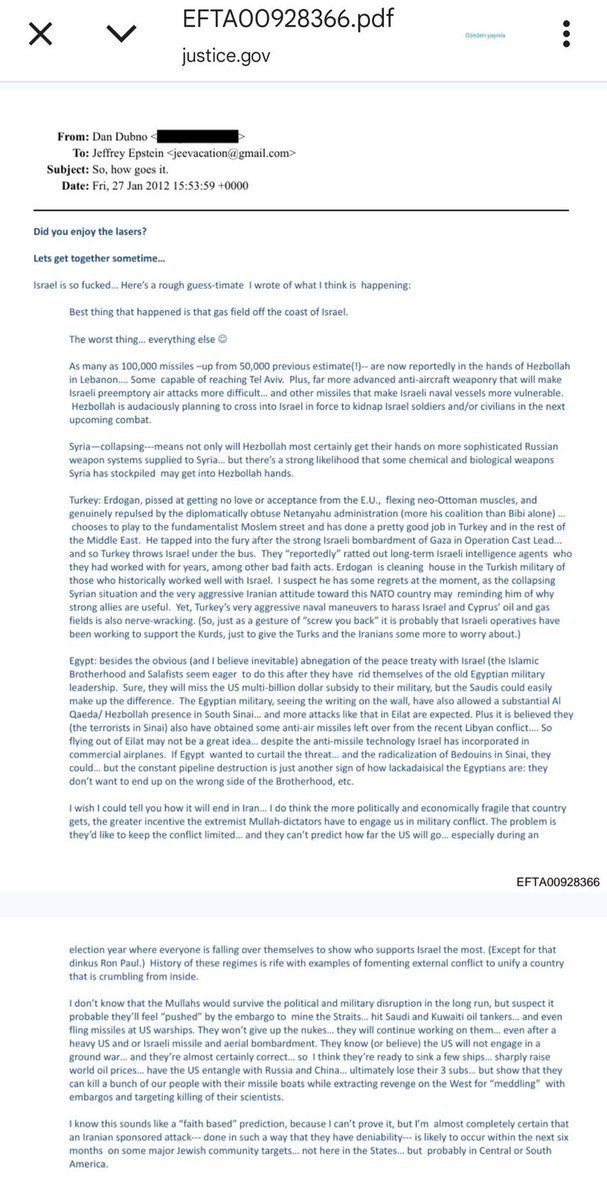 #EpsteinFiles , 2012 tarihli bir yazışma. 

"Erdoğan İsrail yanlısı, İsraille yakın çalışan generalleri ordudan tasfiye ediyor..." 

Erdoğan'ın bu ekiple yakın çalıştığı yorumu da var.