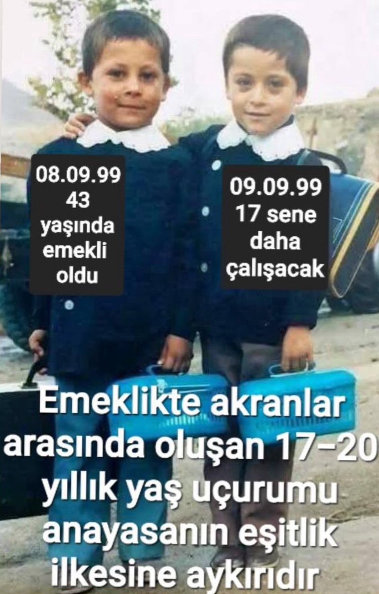 23.11.2001 AYM KARARI : SGK giriş tarihi bakımından aralarında 1 gün bulunan iki vatandaş arasında yapılacak emeklilik yaş farkı/kademesi 2 yaşdan fazla olamaz. ( Dayanak : Anayasa Madde 2,5,10,60 )

Kıymetli Bakanım <a href="/isikhanvedat/">Prof. Dr. Vedat Işıkhan</a> ,EYT yasası ile bize yani 8.9.99 sonrasına neden