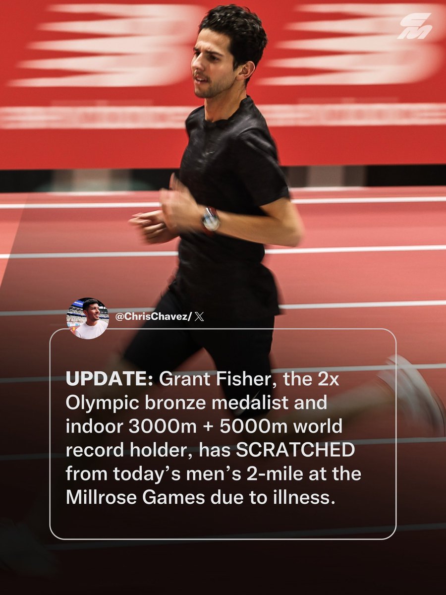 CitiusMag's tweet image. Grant Fisher just shared the following on Instagram: “Unfortunately I'm pulling out of the Millrose Games today. Picked up an illness and I can't take a deep breath without a coughing fit. Terrible timing :(“
