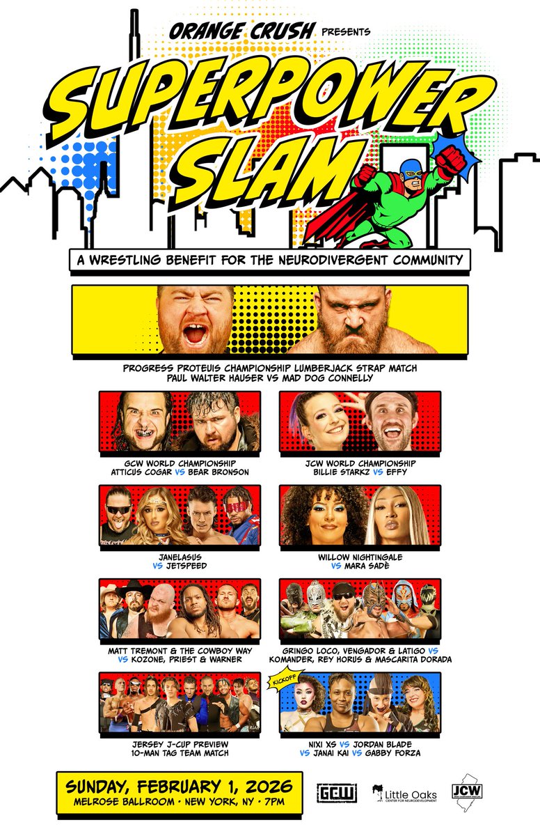 Tonite 7pm!

The SuperPower Slam goes LIVE from The Melrose Ballroom in NYC!

Join us as we team up with <a href="/orangecrushart/">ORANGE CRUSH</a> and <a href="/JerseyCW/">Jersey Championship Wrestling</a> to raise funds to benefit the neurodivergent community!

Watch LIVE on <a href="/Triller_TV/">TrillerTV</a> or for FREE on the GCW Youtube Channel!