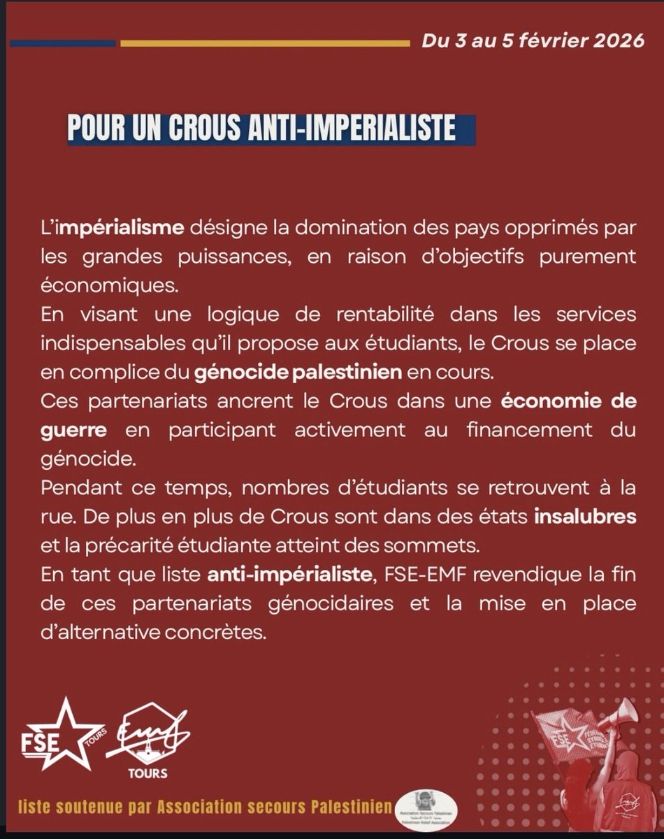 Découvre notre deuxième revendication !

Les 3,4 et 5 je vote et fais voter FSE-EMF : UN CROUS POUR TOUS 🔥