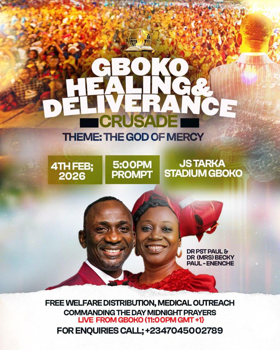 ANKPA &amp; GBOKO HEALING &amp; DELIVERANCE CRUSADES 👏🔥
Theme: The God of Mercy

Beloved, the God of mercy is visiting our cities. He is bringing healing to the sick, deliverance to the bound, and hope to the weary. Chains will break, lives will be restored, and destinies will
