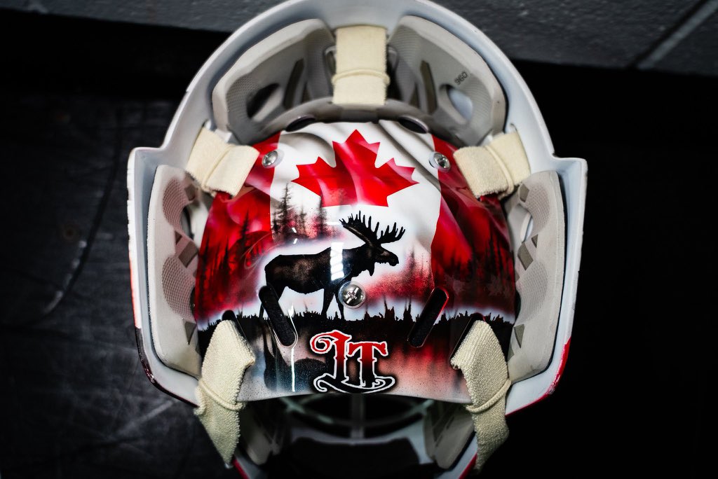 MadelnCanada's tweet image. Team Canada goaltender Logan Thompson’s goalie mask for the 2026 Milan Winter Olympics 🇨🇦