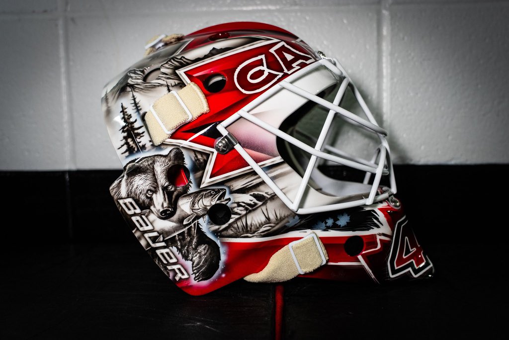 MadelnCanada's tweet image. Team Canada goaltender Logan Thompson’s goalie mask for the 2026 Milan Winter Olympics 🇨🇦