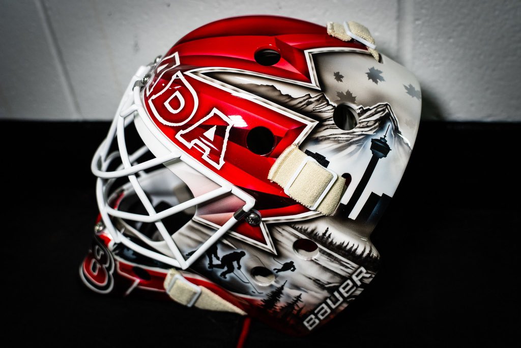 MadelnCanada's tweet image. Team Canada goaltender Logan Thompson’s goalie mask for the 2026 Milan Winter Olympics 🇨🇦