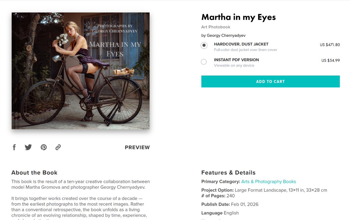 blurb.com/b/12767946-mar…
Martha and I created a stunning, beautiful book—the culmination of our eight years of collaboration, including about 40 different shoots in different countries around the world! The book features descriptions, emotions, and commentary on the shoots...