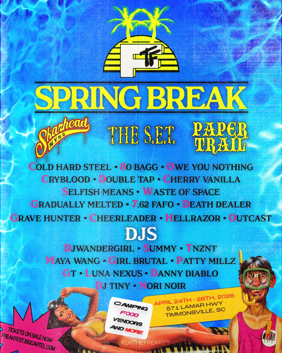 forthefreakssc's tweet image. APRIL 24TH-26TH…. FREAK FREST SPRING BREAK EDITION… TIMMONSVILLE SC 

CAMPING • BANDS • DJS • FOOD + VENDORS 

SKARHEAD, 80 BAGG, THE S.E.T., PAPER TRAIL, COLD HARD STEEL + MORE

TIX AVAIL NOW: freakfest.bigcartel.com
