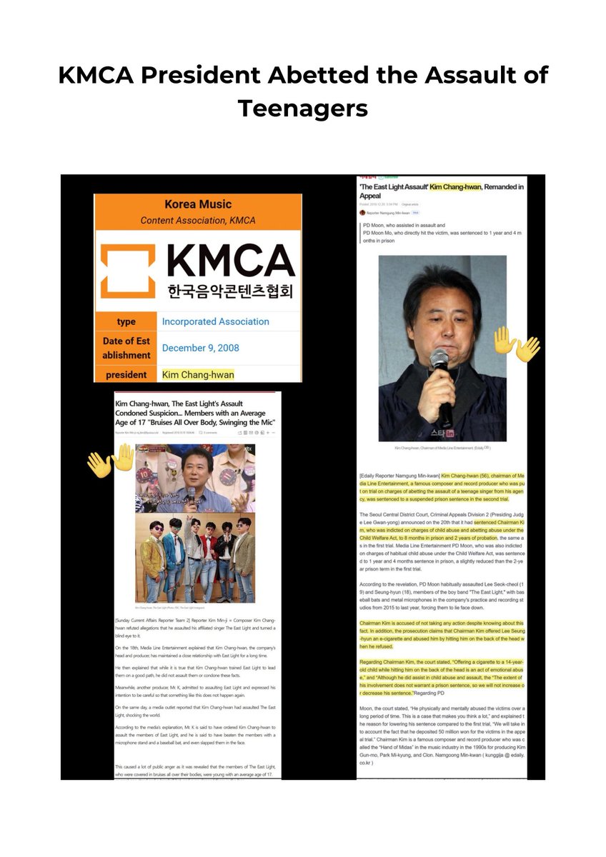 luenacore's tweet photo. This isn't just about HYBE. If you look deeper, it's a pattern across multiple Kpop companies, profit is prioritized above idols and basic human decency.

Take a look at the Korea Music Content Association (KMCA), an industry organization whose directors include #HYBE, #JYP, #SM, and #YG. KMCA's president was involved in the assault of teenagers. This same organization also opposed a bill intended to protect minors and underage idols from exploitative contracts and harmful working conditions.