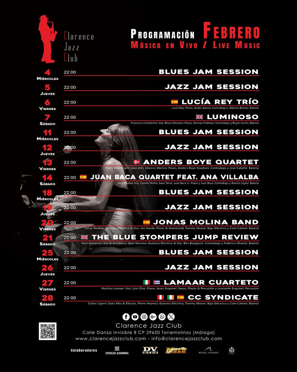 Ya tenemos aquí febrero con una gran variadad de géneros. Os Esperamos!!!

#clarencejazzclub #welovejazz #malagajazz #jazzlive #livemusic #FormaPartedeNuestroClub #blues #FormaPartedeNuestroClub #jazz