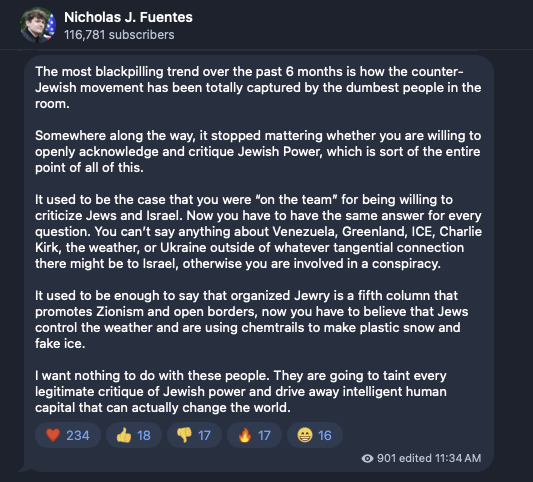 n8livenow's tweet image. Fuentes indulged this audience and rode the JQ wave throughout 2025, appearing on podcasts with all the dumbest people in the room he now wants to distance himself from.