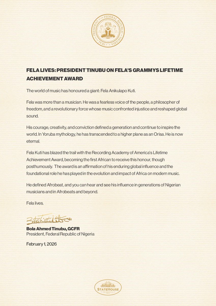 officialABAT's tweet image. FELA LIVES: FELA’S LIFETIME ACHIEVEMENT AWARD 

The world of music has honoured a giant: Fela Anikulapo Kuti.

Fela was more than a musician. He was a fearless voice of the people, a philosopher of freedom, and a revolutionary force whose music confronted injustice and reshaped