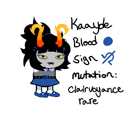 WTD trollsona(?)
welcome to doomtlis oc! this is kaayde and her blood color is blue. her mutation is clairvoyance, she gets pretty accurate visions so it's classified as rare  

#mspfa #wtd #welcometodoomtlis #homestuck