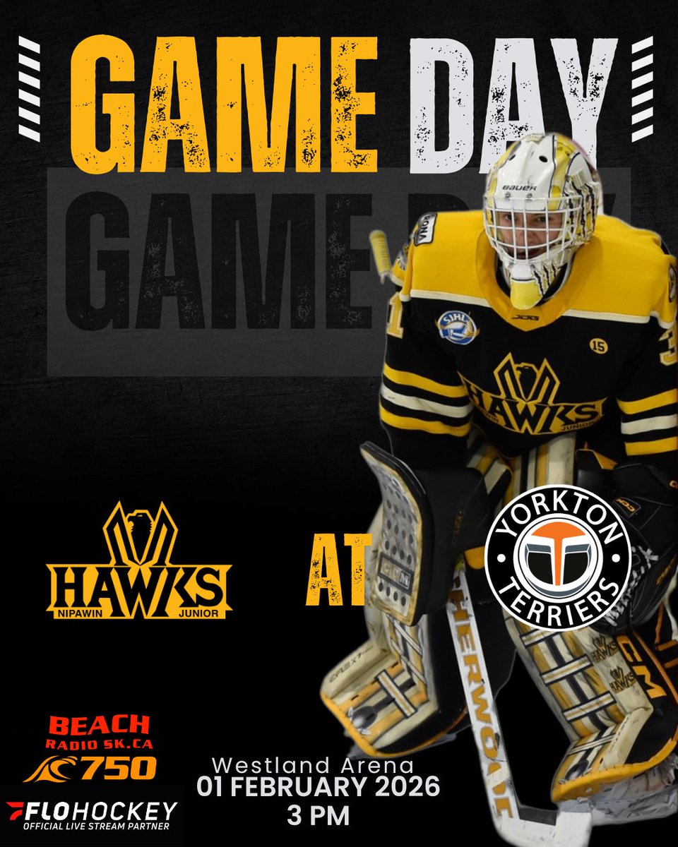 The boys are on the road to Yorkton for a 3 PM puck drop.
Big matchup as Yorkton sits 5th overall, with the Hawks holding 4th — just two points ahead.
Catch the game on FloHockey or listen live on Beach Radio:
 beachradiosk.ca/player/?player…

Don’t miss it.
#HawkYeah
