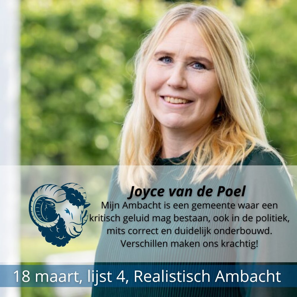 Tot aan de verkiezingen op 18 maart kun je hier kennismaken met onze acht topkandidaten op wie je kan stemmen! Lijstduwer Joyce opent de rij. Bekijk ons allemaal op ➡️ realistischambacht.nl/kandidaten/