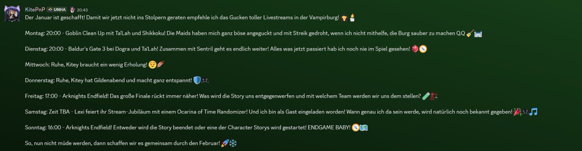 KitePnP's tweet photo. Den Streamplan gibt es wieder in Improvisiert :D #Woche2026 #GachaFun #Streams #Gaming #Vampirburg #Arknights #BaldursGate3 #OcarinaOfTime #Miniatures #JRPG #GERVtuber #Vtuber #ArknightsEndfield https://t.co/lAZZ8mQPMC