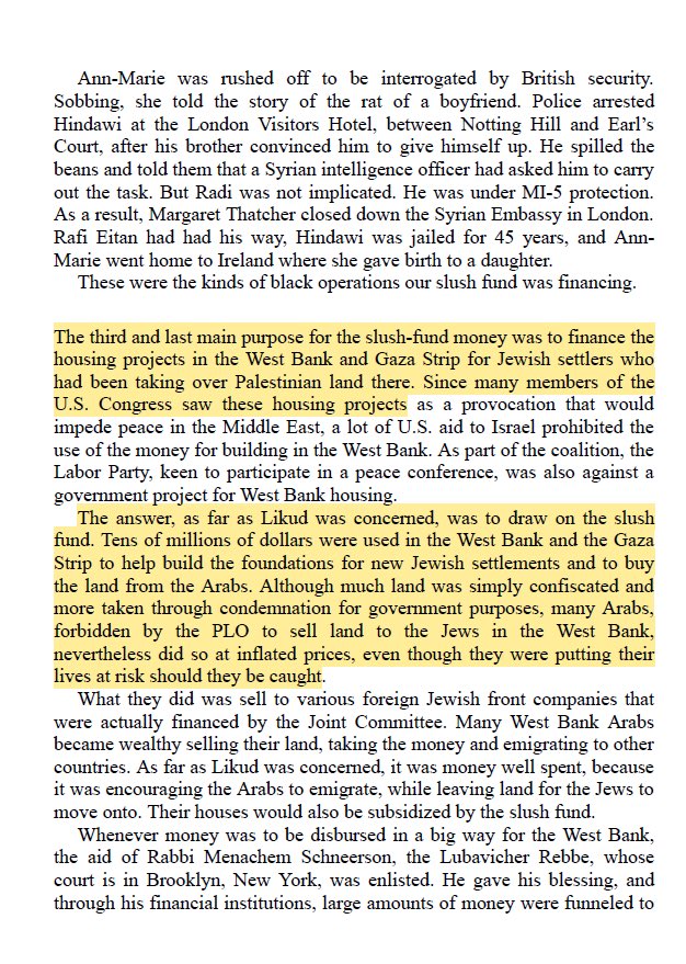 Former Mossad officer Manashe, who first exposed Jeffrey Epstein’s Mossad links, writes in his book:

Khomeini bankrolled illegal Jewish settlements in the West Bank and Gaza, by using over $240 billion (adj.) on Israeli-brokered arms deals