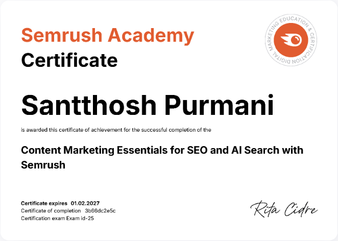 Santthosh_P's tweet photo. 🎉Excited to share that I’ve successfully completed my certification with @Semrush Academy! This journey has been incredibly insightful, enhancing my marketing skills.
#SemrushCertified #SemrushAcademy #DigitalMarketing #SEO #AI https://t.co/9rwwzFrknz