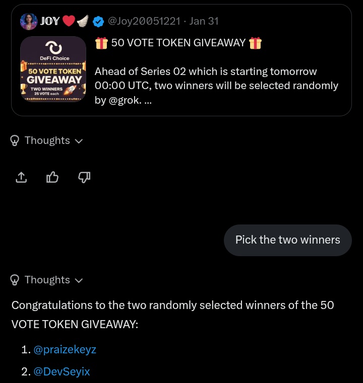 Web3T_W_O's tweet photo. Congratulations to the two randomly selected winners by @grok of the 50 VOTE TOKEN GIVEAWAY:
@praizekeyz
@DevSeyix
Each winner receives 25 VOTE tokens. Please DM me to receive your prize. https://t.co/XqfNEBQs0C