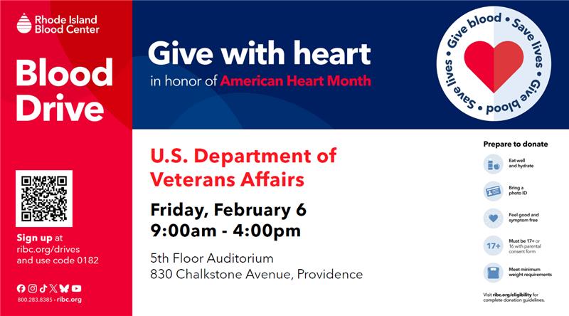 VAProvidence's tweet image. Join us for the Give with Heart Blood Drive this Friday, Feb 6, 9 AM - 4 PM at VA Providence! 🩸❤️ Every donation saves lives! #GiveWithHeart #AmericanHeartMonth #BloodDrive #RhodeIslandBloodCenter #VAProvidence