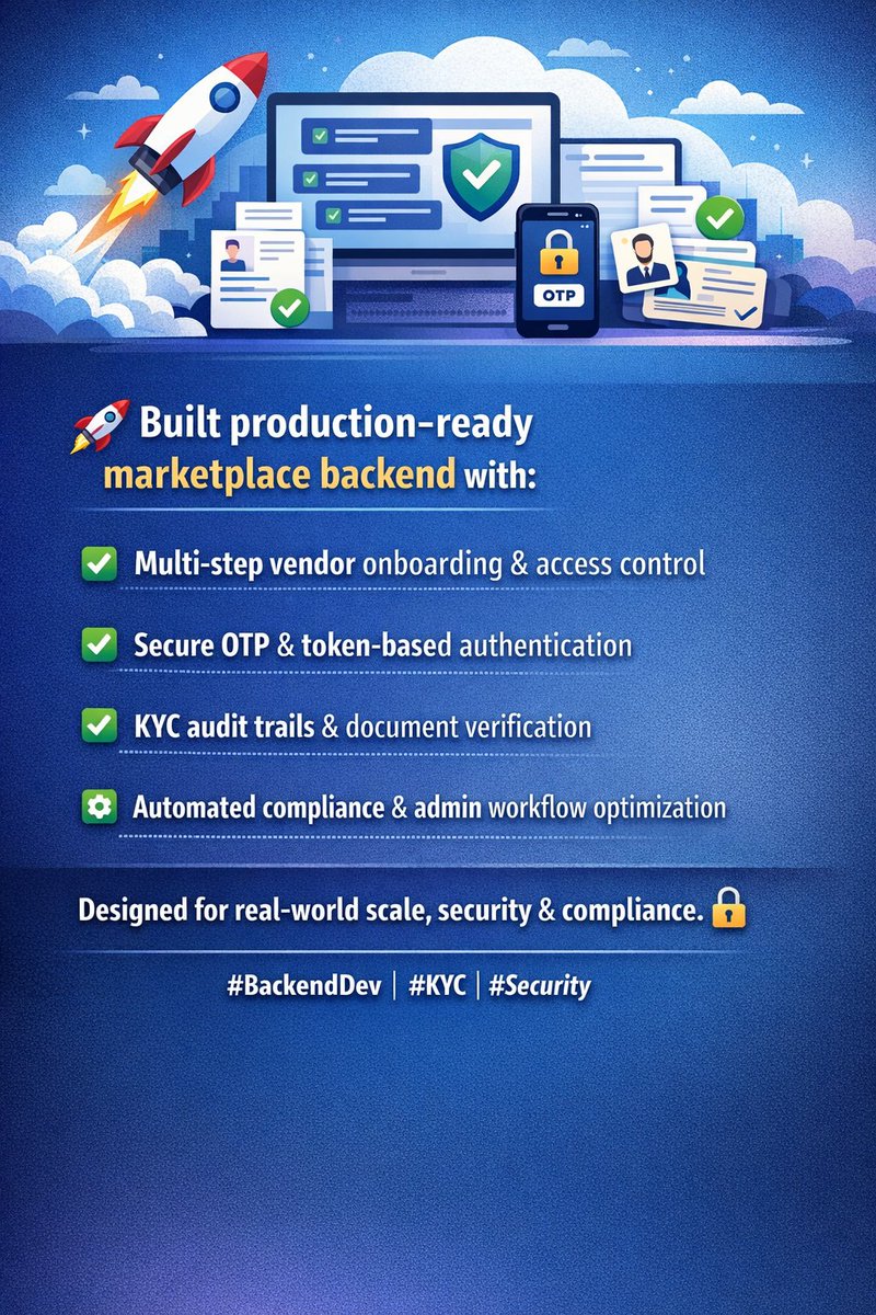 cotsec14's tweet photo. Built production-ready marketplace backend with:
• Multi-step vendor onboarding &amp; access control
• Secure OTP &amp; token-based authentication
• KYC audit trails &amp; document verification
• Automated compliance &amp; admin workflow optimization
#BackendDevelopment #SystemDesign https://t.co/FNOU2LMHmu