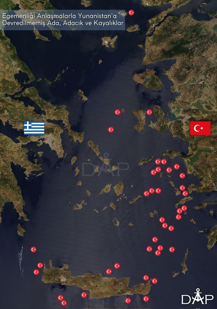 Adalar (Ege) Denizi’nde egemenliği anlaşmalarla Yunanistan’a devredilmemiş, son yasal sahibi Türkler olan yüzlerce ada, adacık ve kayalık mevcut.

Bu adaların mülkiyeti belirlenene kadar Adalar Denizi'nde Yunanlılar hiçbir Kıta Sahanlığı veya Münhasır Ekonomik Bölge ilan edemez.