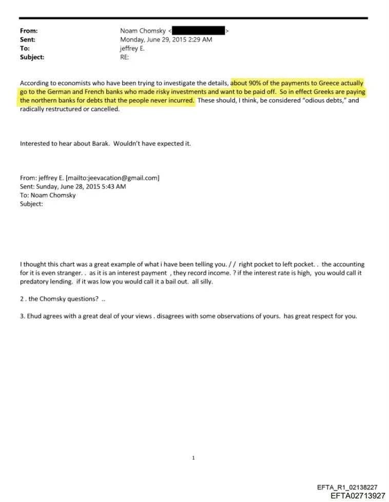 Και η καταχρεωμένη Ελλάδα των μνημονίων στα Αρχεία Επστάιν! 

Καλοκαίρι του 2015. Η Ελλάδα συνθλίβεται κάτω από την γερμανική μπότα και τις απαιτήσεις της Μέρκελ και του Σόιμπλε. Τα διεθνή ΜΜΕ προσβάλλουν τους Έλληνες λέγοντας ότι είναι τεμπέληδες, διεφθαρμένοι και ζουν πάνω από