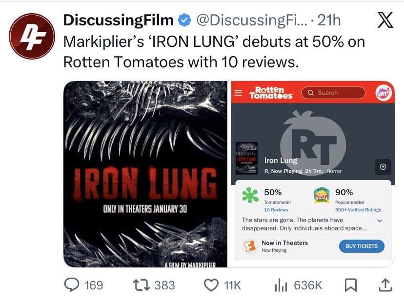 lanceaLotVideos's tweet photo. @charliestarrrrr Rotton tomatos dissing on Markiplier’s new film.  They deserve to be in the boiler room in hell https://t.co/GKX8qppapb