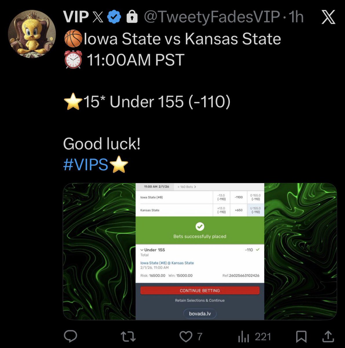 TweetyFades's tweet photo. ⭐️ 15* URI/DUQ UNDER 145 ✅ 

⏳ 15* ISU/KSU UNDER 155 (-110) PENDING & LOOKING GOOD!!

I’ve got one more TOTAL locked in tonight… 

Want it? 👀

🚨 SMASH THE LIKE ❤️  
🚨 RETWEET 🔁  
🚨 COMMENT “🔒”💬  

I’ll DM it to you RIGHT NOW⏰

Let’s go 2-0 and keep stacking tickets 💸💸