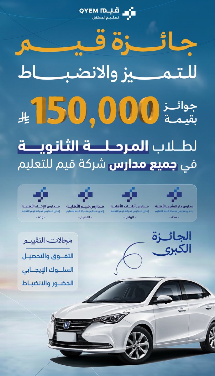 جائزة قيم للتميّز والانضباط 🎖️
ندعو طلابنا لإبراز التزامهم وسلوكهم المتميز والمنافسة على جوائز قيّمة 💪🏻

#قيم #قيم_المستقبل #مدارس_قيم