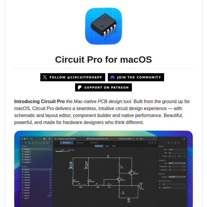 PCB design tool for macOS

github.com/CircuitProApp/…