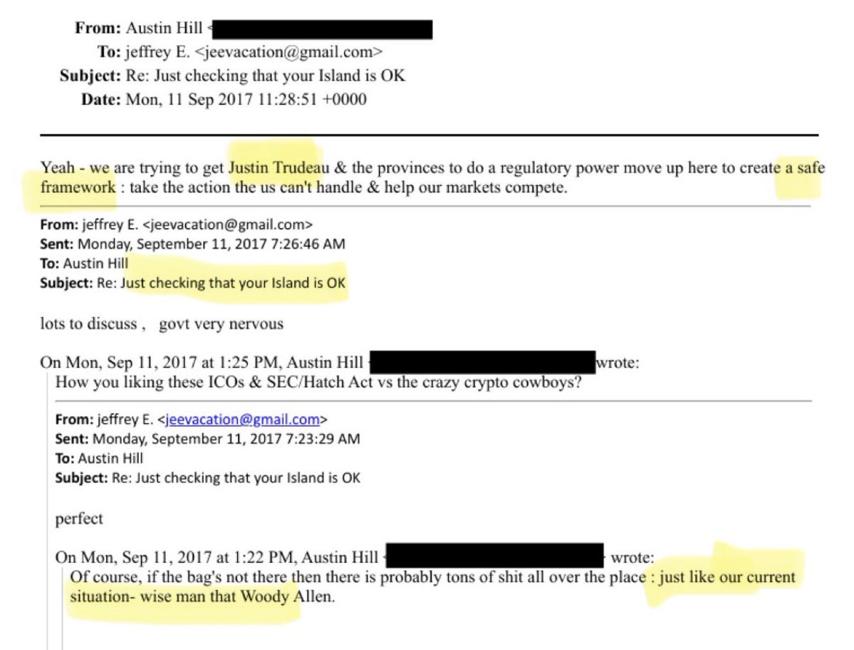 JayTC53's tweet image. NEW 🚨 Epstein Files Bombshell Justin Trudeau named in emails. 

In 2017, Jeffery Epstein is emailing a Austin Hill about his island "being okay" 

Epstein:"Gov't is nervous" 

Austin replies: " Trying to get Justin Trudeau" for "a safe framework" 

It's not clear Trudeau did any…