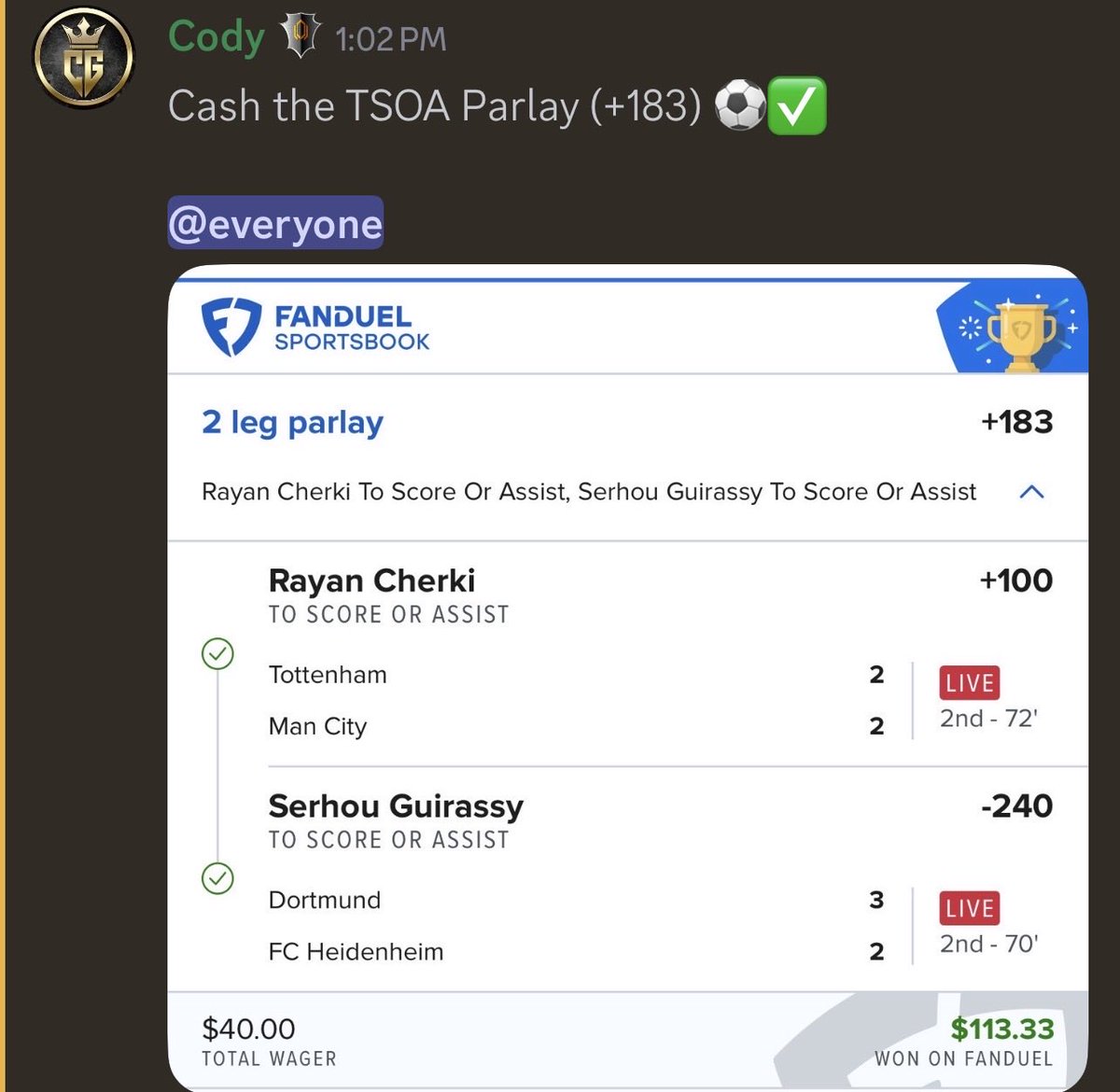 InCodyWeTrust1's tweet photo. A PERFECT 7/7 on today’s slate 🧹🎾⚽️✅

✅ Cherki x Guirassy (+183)
✅ Soccer SGP+ (+130)
✅ Semenyo TSOA (+105)
✅ Joker x Carlos BTWS (-120)
✅ Tennis Final SGP (-122)
✅ Haaland x Galatasaray (-123)
✅ Soccer Builder (-137)

Link in bio for all plays everyday 🤝 https://t.co/CSdGBY4III
