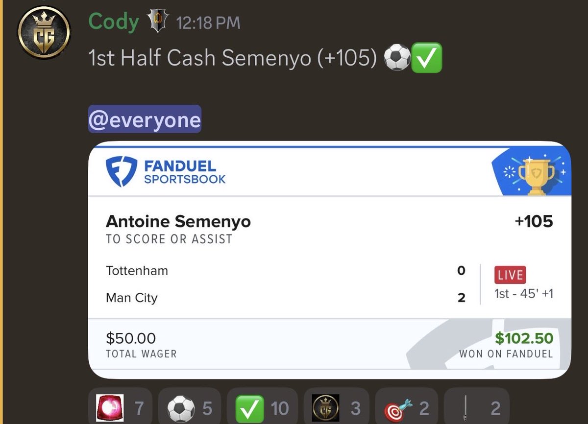 A PERFECT 7/7 on today’s slate 🧹🎾⚽️✅

✅ Cherki x Guirassy (+183)
✅ Soccer SGP+ (+130)
✅ Semenyo TSOA (+105)
✅ Joker x Carlos BTWS (-120)
✅ Tennis Final SGP (-122)
✅ Haaland x Galatasaray (-123)
✅ Soccer Builder (-137)

Link in bio for all plays everyday 🤝