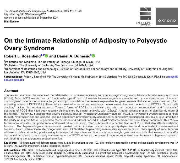 scottisaacsmd's tweet image. Excess abdominal fat is the primary driver in #PCOS. Obesity, hyperinsulinism and adipose androgen production generate a metabolic PCOS phenotype, while PCOS itself promotes android fat and lipotoxicity in a vicious cycle.
academic.oup.com/jcem/article/1…
